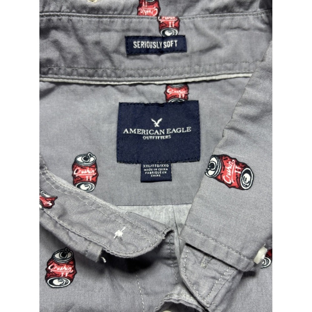 American Eagle Shirt Mens XXL Grey Excellent Crushin It Soda Can Print Button Up